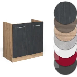 Spülenunterschrank R-Line Schwarz Beton Eiche 80 cm mit Arbeitsplatte Weiß-Marmor ^ Vicco Outlet