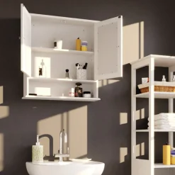 Vicco Wandspiegel Bianco Badspiegel mit Ablage 2 Türen 58x56cm Hängespiegel Spiegel für Badezimmer im Landhausstil Hot