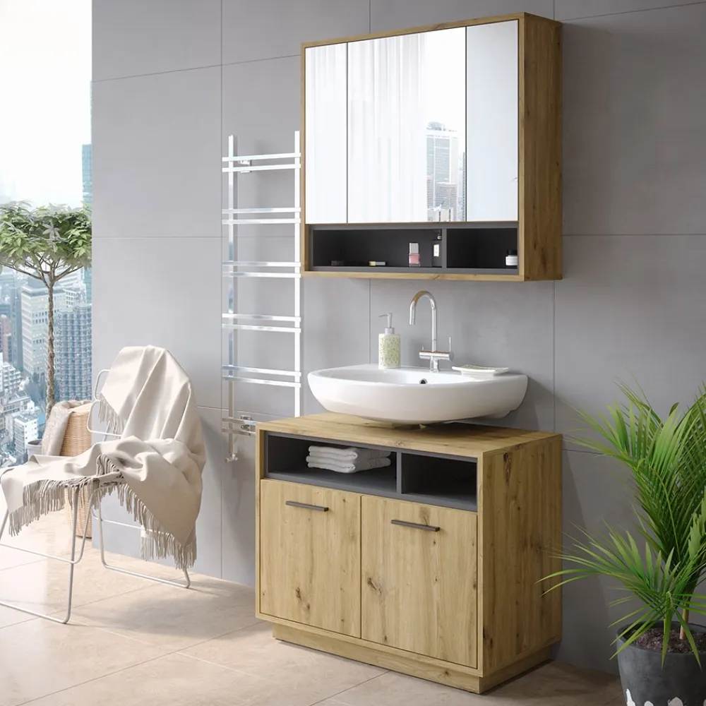 Vicco Waschtischunterschrank Waschbeckenunterschrank Beatrice Eiche Anthrazit modern 80x64 cm Badkommode Badschrank Badezimmer Schrank Badmöbel Schranktür Schrankfach Online