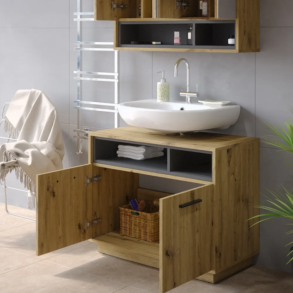 Vicco Waschtischunterschrank Waschbeckenunterschrank Beatrice Eiche Anthrazit modern 80x64 cm Badkommode Badschrank Badezimmer Schrank Badmöbel Schranktür Schrankfach Online