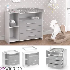 Wickelkommode OSKAR weiß grau Wickelregal Babymöbel Kommode Wickeltisch ^ Vicco New
