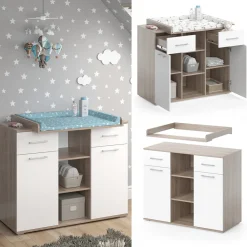 Wickelkommode Wickeltisch Wickelregal Leonie mit Wickelaufsatz Sonoma/Weiß ^ Vicco Clearance