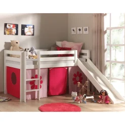 Spielbett Pino mit Rutsche und Textilset "Pink Flower", Kiefer massiv weiß lackiert ^ vipack