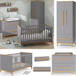 Babymöbel Set Malia Grau Eiche Wickelkommode Wandregal Kinderbett Kleiderschrank Kinderzimmermöbel Wickelauflage Aufbewahrung Lattenrost Rausfallschutz Kleiderstange ^ VitaliSpa