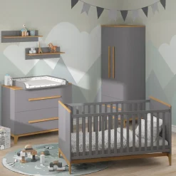 Babymöbel Set Malia Grau Eiche Wickelkommode Wandregal Kinderbett Kleiderschrank Kinderzimmermöbel Wickelauflage Aufbewahrung Lattenrost Rausfallschutz Kleiderstange ^ VitaliSpa