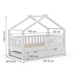 Design Kinderbett 160x80 Babybett Hausbett Gästebett Lattenrost weiß ^ VitaliSpa