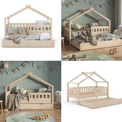 VitaliSpa Design Kinderbett 160x80 Babybett Hausbett Gästebett Lattenrost natur New