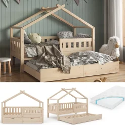 Design Kinderbett 160x80 Babybett Hausbett Gästebett Matratze natur ^ VitaliSpa
