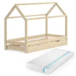 Kinderbett Hausbett Gästebett Wiki Natur 90x200cm Schublade Matratze ^ VitaliSpa