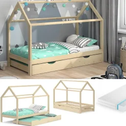 Kinderbett Hausbett Gästebett Wiki Natur 90x200cm Schublade Matratze ^ VitaliSpa