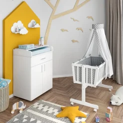 Wiege NOAH Schaukelwiege Babywiege Holz Weiß Grau Bett Set Buche ^ VitaliSpa Clearance