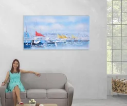 Wandbild Boote, 100% handgemaltes Ölgemälde Gemälde XL, 140x70cm ^ MCW