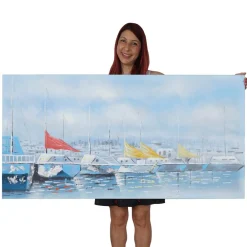 Wandbild Boote, 100% handgemaltes Ölgemälde Gemälde XL, 140x70cm ^ MCW