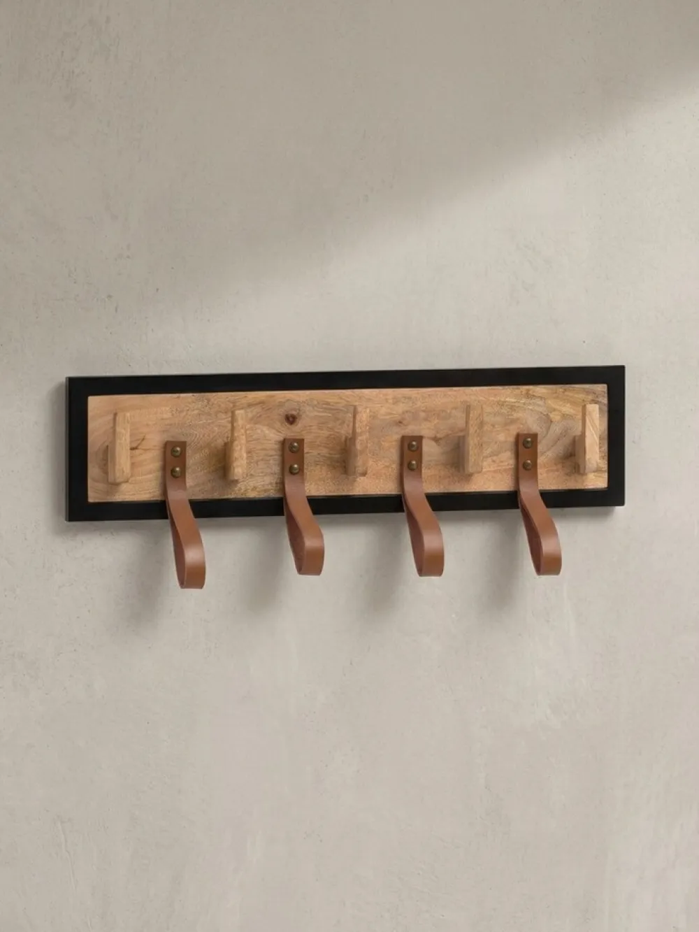 Wandgarderobe Mango Massivholz Echtleder Modern 60x15x6 cm mit Schlaufen ^ KADIMA DESIGN Best