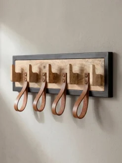 Wandgarderobe Mango Massivholz Echtleder Modern 60x15x6 cm mit Schlaufen ^ KADIMA DESIGN Best