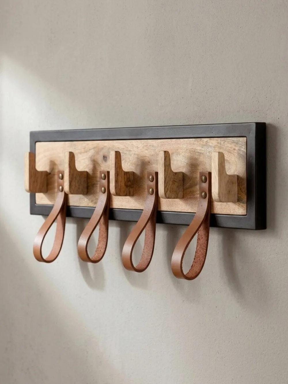Wandgarderobe Mango Massivholz Echtleder Modern 60x15x6 cm mit Schlaufen ^ KADIMA DESIGN Best