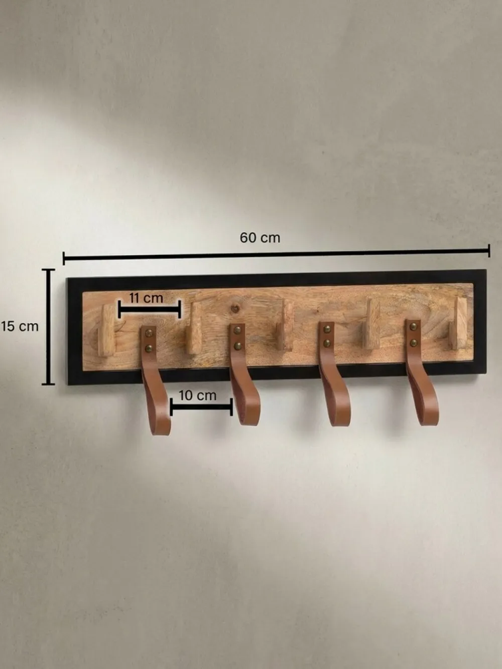 Wandgarderobe Mango Massivholz Echtleder Modern 60x15x6 cm mit Schlaufen ^ KADIMA DESIGN Best