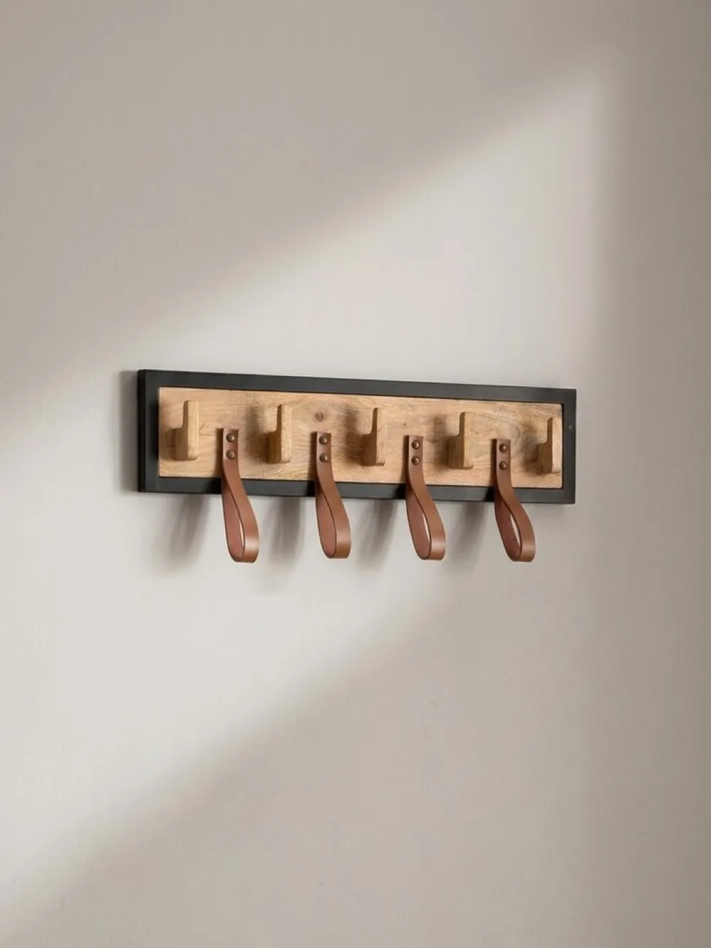 Wandgarderobe Mango Massivholz Echtleder Modern 60x15x6 cm mit Schlaufen ^ KADIMA DESIGN Best