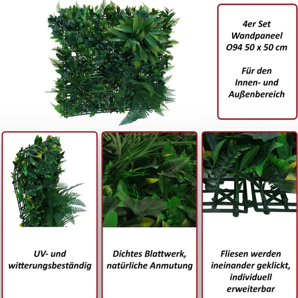 Wandpaneel -O94, Pflanzenwand Wanddeko Kunstpflanze, In-/Outdoor, 4x je 50x50cm = 1m², Pflanzen grün ^ MCW Clearance