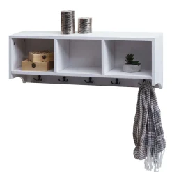 MCW Wandregal -K49, Garderobe Wandgarderobe Regal, 3 Staufächer 5 Haken 30x80x20cm Holz ~ weiß, shabby Online