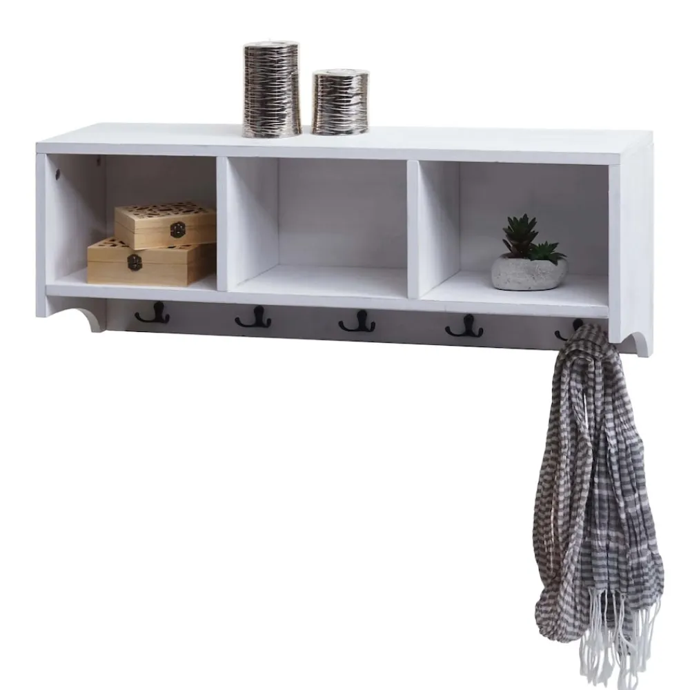 MCW Wandregal -K49, Garderobe Wandgarderobe Regal, 3 Staufächer 5 Haken 30x80x20cm Holz ~ weiß, shabby Online