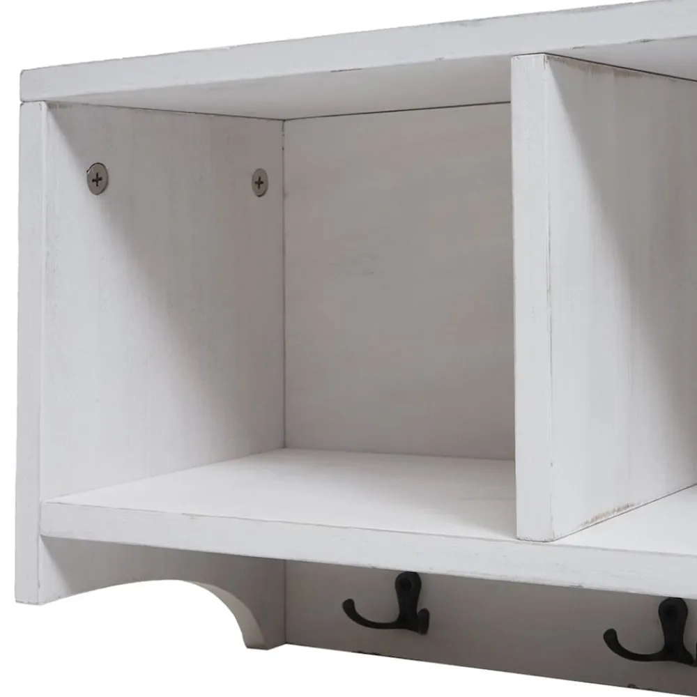 MCW Wandregal -K49, Garderobe Wandgarderobe Regal, 3 Staufächer 5 Haken 30x80x20cm Holz ~ weiß, shabby Online