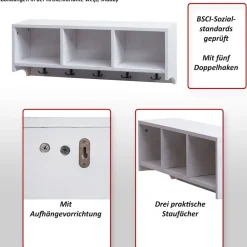 MCW Wandregal -K49, Garderobe Wandgarderobe Regal, 3 Staufächer 5 Haken 30x80x20cm Holz ~ weiß, shabby Online