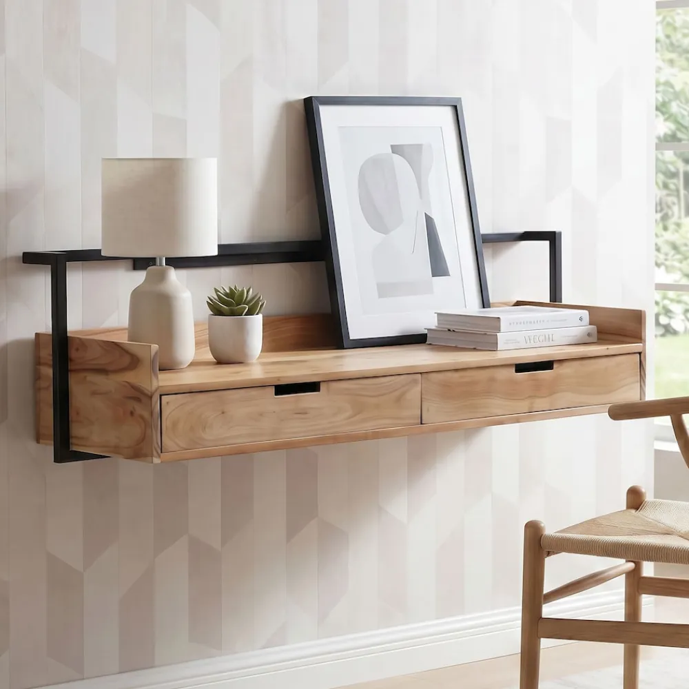 Wandschreibtisch 120cm Massivholz Stauraum Schreibtisch für die Wand Schwebend ^ Finebuy Hot
