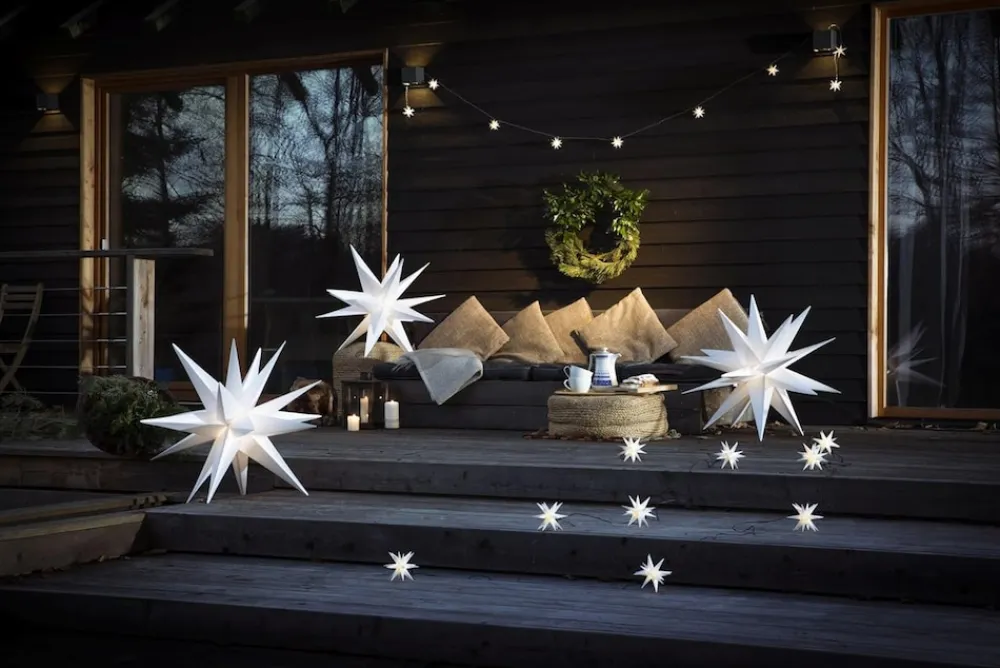 Weihnachtsstern LED Dekostern 25cm Weiss für AUSSEN Kabel mit Trafo 3D Stern 18 Zackig Leuchtstern Weihnachtslicht Winterbeleuchtung 3D Stern Weihnachtslicht Xmas Lights ^ Novaliv