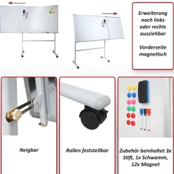 MCW Whiteboard -C85b, mit ausziehbarer Tafel Magnettafel Memoboard Pinnwand, mobil rollbar inkl. Zubehör, 167x186cm
