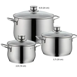 WMF Diadem Plus Topf-Set 3-tlg Kochgeschirrset (3x Fleischtopf mit Glasdeckel Ø 16 cm (ca. 2l), 20 cm (ca. 3,7l), 24 cm (ca. 6,5l), breiter Schüttrand, rostfreier Edelstahl 18/10, hochwertige Glasdeckel, energiesparende TransTherm®-Allherdböden, geeignet f Clearance
