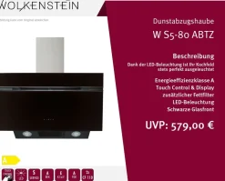 Wolkenstein Kopffreihaube W S5-80 ABTZ - 80 cm, schwarz, Dunstabzugshaube Outlet