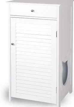 WONDERMAKE® Katzenschrank für Katzentoilette groß hoch aus Holz, Katzenklo-Schrank Kommode mit Schublade und Tür geschlossen, Design Katzen-Haus Toilette Klo XL, 51 x 46 x 96 cm, weiß New
