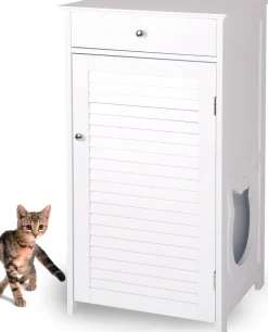 WONDERMAKE® Katzenschrank für Katzentoilette groß hoch aus Holz, Katzenklo-Schrank Kommode mit Schublade und Tür geschlossen, Design Katzen-Haus Toilette Klo XL, 51 x 46 x 96 cm, weiß New