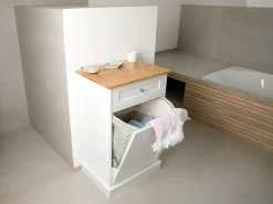 WONDERMAKE® Wäscheschrank hoch oder Mülleimer-Schrank aus Holz / Bambus, Wäschesammler Hochschrank für Badezimmer oder Küche ausklappbar mit Schublade, 51 x 37 x 82 cm, weiß New