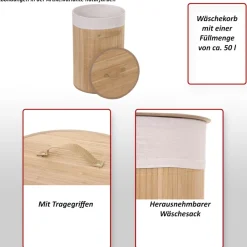 Wäschekorb -C21, Laundry Wäschebox Wäschesammler Wäschebehälter Wäschetonne, Bambus rund 59x35cm 50l ~ naturfarben ^ MCW New
