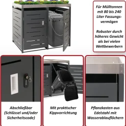 MCW XL 2er-/4er-Mülltonnenverkleidung -H40, Mülltonnenbox, Pflanzkasten Edelstahl-Metall 63kg 125x140x102cm erweiterbar New