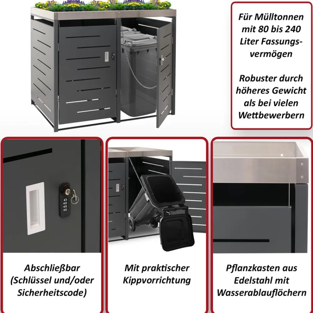 MCW XL 2er-/4er-Mülltonnenverkleidung -H40, Mülltonnenbox, Pflanzkasten Edelstahl-Metall 63kg 125x140x102cm erweiterbar New