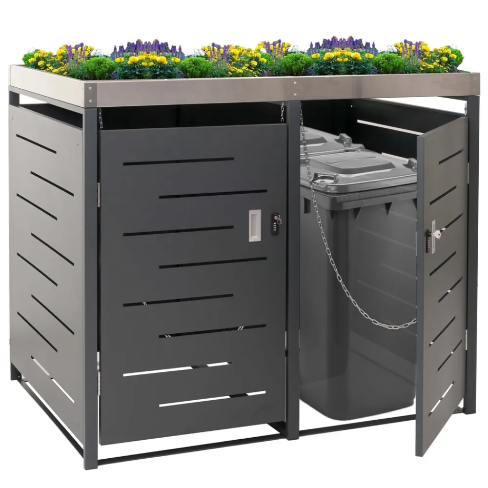 MCW XL 2er-/4er-Mülltonnenverkleidung -H40, Mülltonnenbox, Pflanzkasten Edelstahl-Metall 63kg 125x140x102cm erweiterbar New