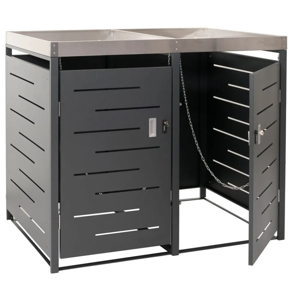 MCW XL 2er-/4er-Mülltonnenverkleidung -H40, Mülltonnenbox, Pflanzkasten Edelstahl-Metall 63kg 125x140x102cm erweiterbar New