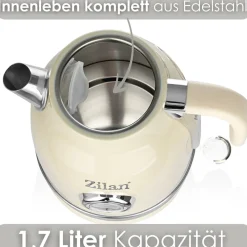 Retro Wasserkocher Edelstahl 1,7L kabellos mit 360° Basis 2200W Beige ^ Zilan Outlet