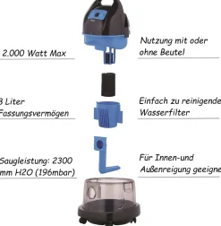 Zilan Staubsauger m. Wasserfilter Nass/Trocken Sauger 8L 2000W blau New